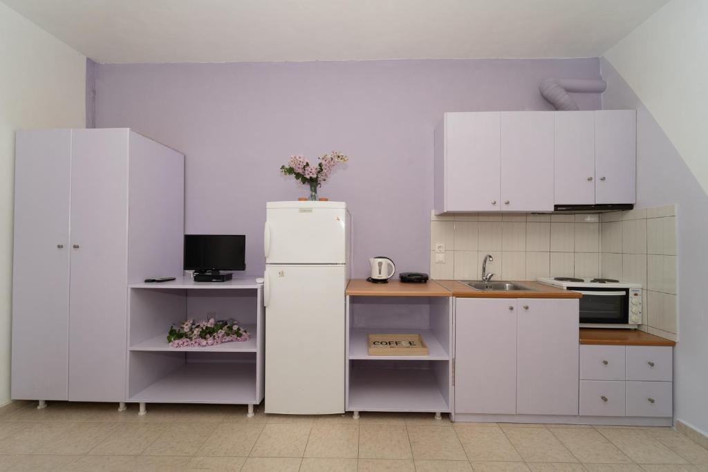 Πλήρως εξοπλισμένη κουζίνα με ψυγείο, ηλεκτρική εστία, φούρνο μικροκυμάτων και αποθηκευτικούς χώρους στις μεζονέτες Blue Houses.